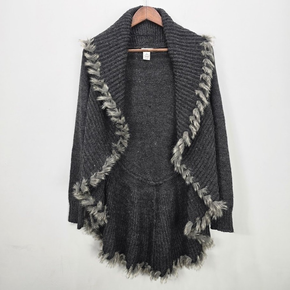 Cache‎ Faux Fur Trim Cardigan S Gray Open Front Wool Blend Old Money Mob Wife